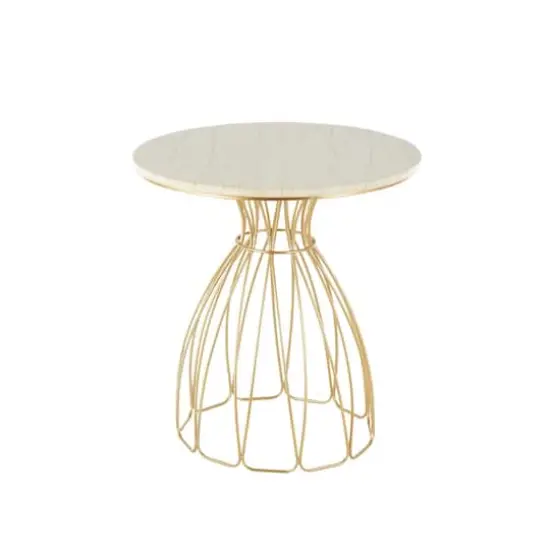 25" Gold Metal Flower Inspired Accent Table with Cream Marble Tabletop {4}