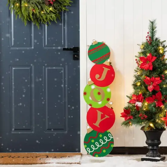 Glitzhome&reg; 41.75" Fall and Christmas Double-Sided Wooden Pumpkin and Ornament Porch Sign {5}