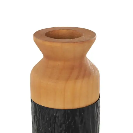 Black & Natural Textured Color Block Metal & Wood Vase Set {4}