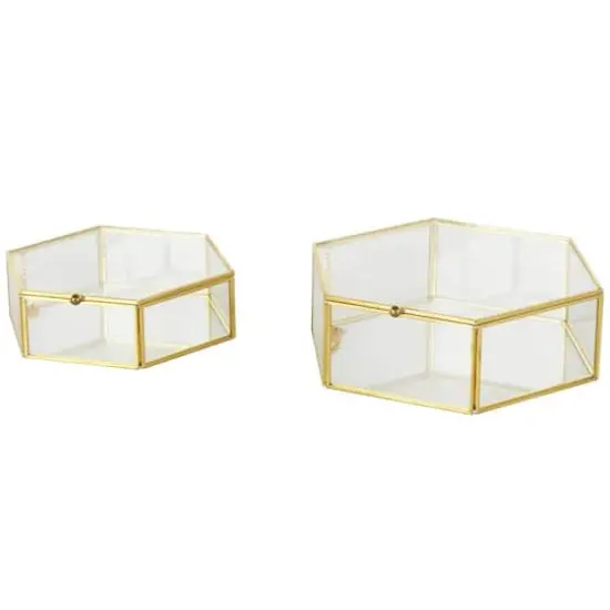 Clear & Gold Glass & Metal Hexagon Jewelry Box with Chain Accent Set {1}