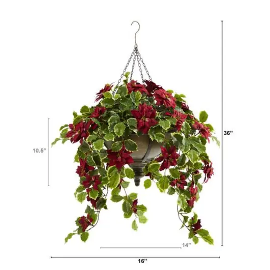 3ft. Red Poinsettia & Variegated Holly Plant in Metal Hanging Bowl {3}