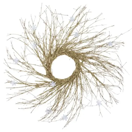 36" Pre-Lit Gold Glittered Twig Wreath with Warm White Lights {4}