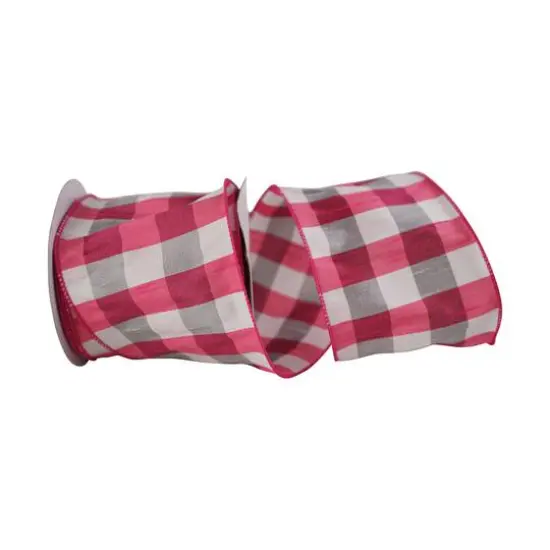 JAM Paper 4" x 10yd. Dupioni Check Grande Wired Ribbon Fuchsia/White {2}