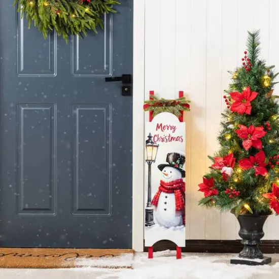Glitzhome&reg; 36" Wooden Christmas Snowman Sleigh Porch Sign {3}