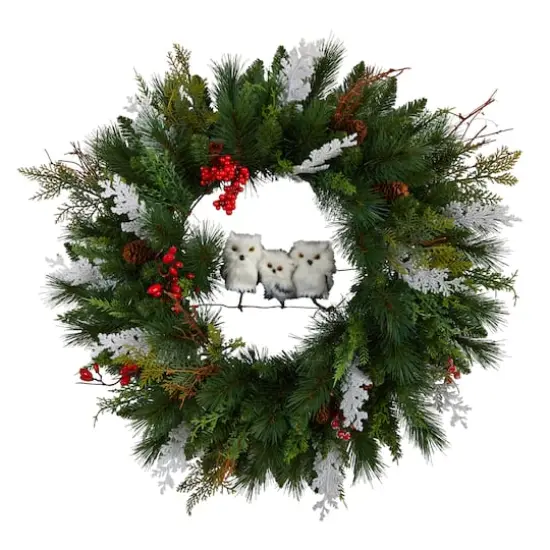 24" Holiday Winter Owl Family Pinecone Berry Christmas Wreath {1}