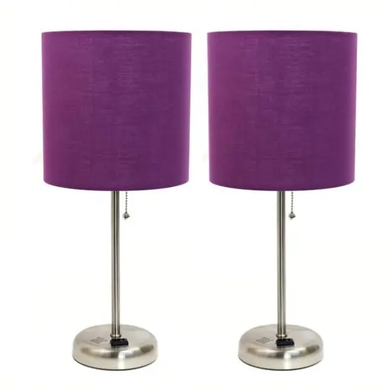 LimeLights 19.5" Brushed Steel Base Lamps with Charging Outlets, 2ct. Purple {1}