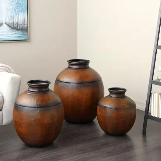 Brown Metal Antique Style Round Pot Floor Vase Set {4}