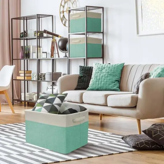 Sorbus 15" Cream Trimmed Twill Collapsible Storage Basket Set Green {3}