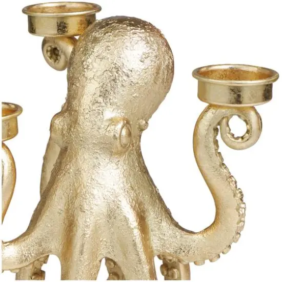 9" Gold Polystone Textured Octopus Candelabra with Tentacle Candle Slots {4}