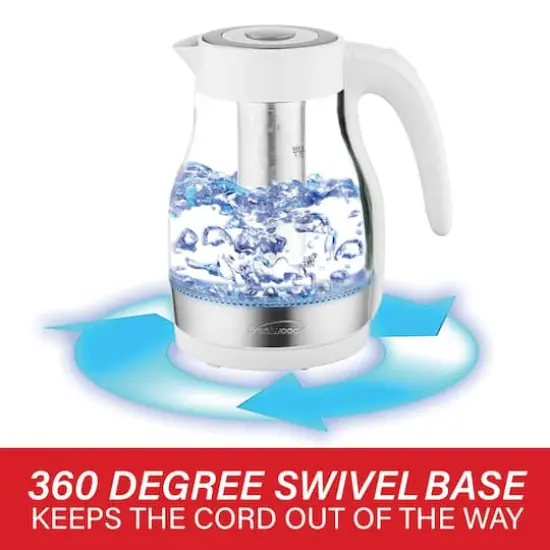 Brentwood 1.79qt. White Cordless Glass Electric Kettle with Tea Infuser and Swivel Base {7}