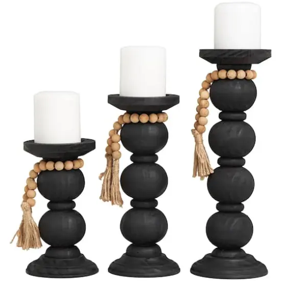 Black Wood Handmade Bubble Inspired Matte Candle Holder with Beaded Garland Set {1}