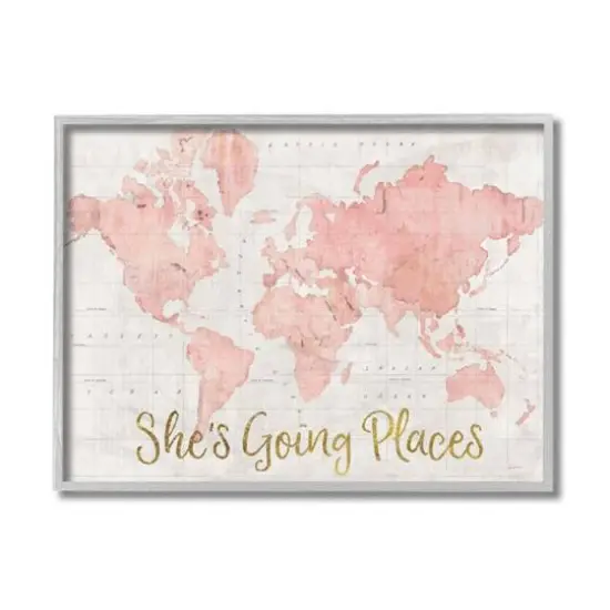 Stupell Industries She's Going Places Pink Watercolor World Map Framed Wall Art {1}