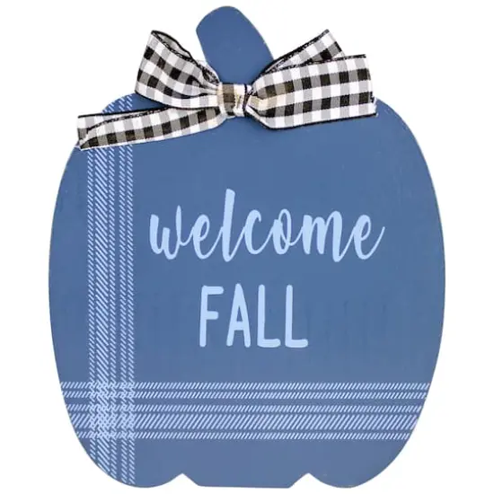 8" Blue & Beige Fall Harvest Wooden Pumpkin Welcome Plaque Set {4}