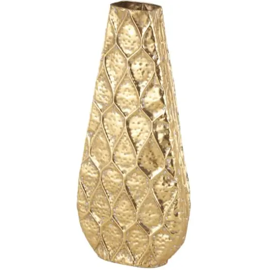 28" Gold Metal Vase with Peacock Inspired Design {1}