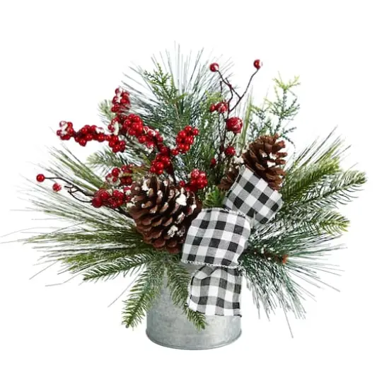 12" Frosted Pinecones & Berries Artificial Arrangement in Vase with Decorative Plaid Bow {1}