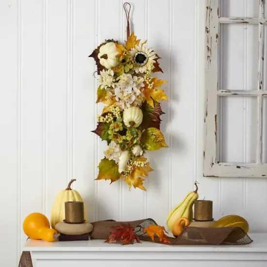 33" Sunflower, Hydrangea & White Pumpkin Autumn Teardrop Swag {5}