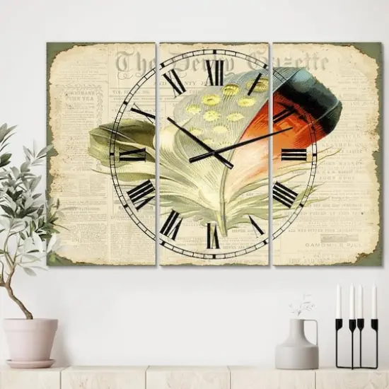 Designart Colorful Elegant Feather On Old Style Newspaper IV Multipanel Wall Clock {3}