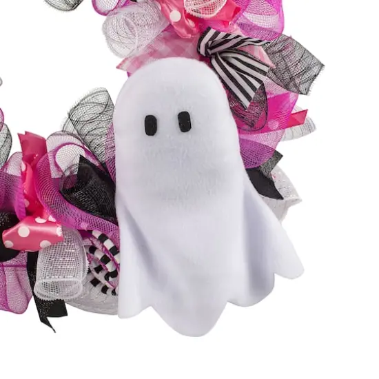 24" Pink, Black & White Mesh & Ribbon Wreath with Ghost by Ashland&reg; {4}