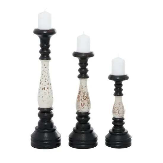 16" Black & White Wood Farmhouse Candlestick Holder Set {1}
