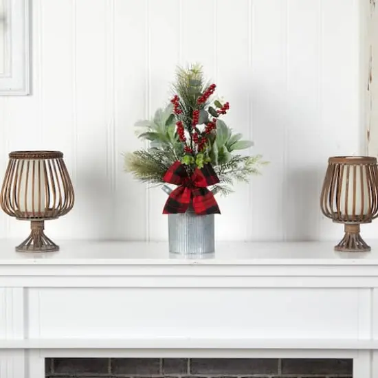 20" Holiday Winter Greenery, Pinecone & Berries with Bow Arrangement {3}