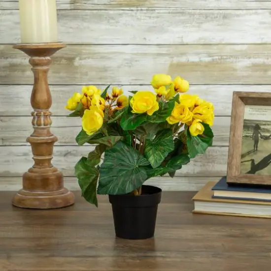 11" Yellow Potted Silk Begonia Floral Arrangement {3}