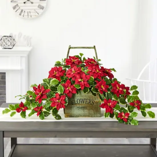 18&rdquo; Red Poinsettia & Variegated Holly Artificial Plant in Vintage Decorative Basket {4}