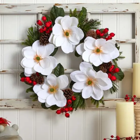 26" Magnolia, Pine & Berries Wreath {4}