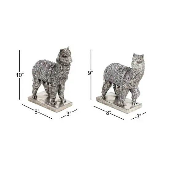 Set of 2 Silver Resin Eclectic Llama Sculpture, 10", 9" {10}