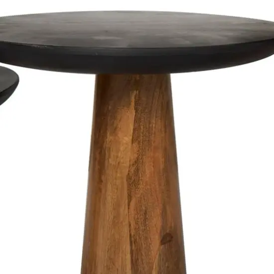 Brown Mango Wood Handmade Cone Shaped Accent Table with Black Tabletop Set {7}
