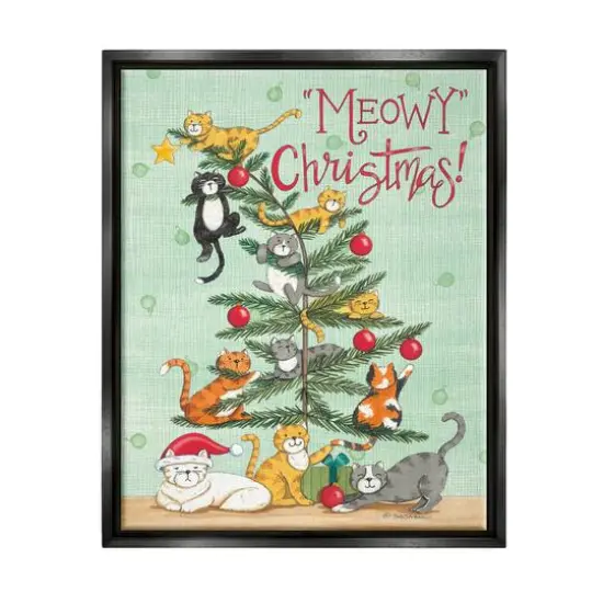 Stupell Industries Meowy Christmas Cats Framed Floater Canvas Wall Art Green with Black Frame {1}