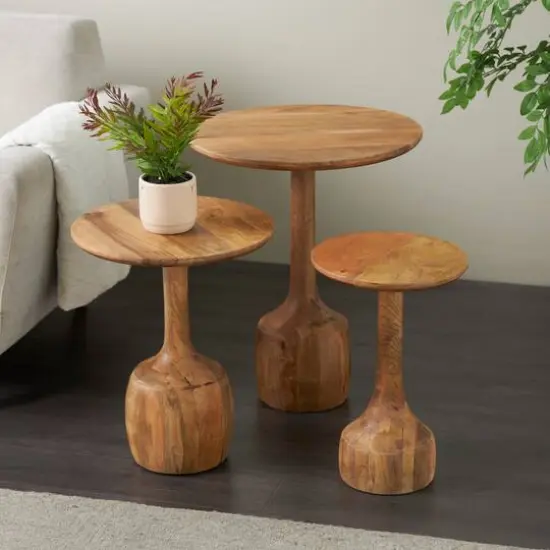 Brown Mango Wood Handmade Cone Shaped Accent Table with Black Tabletop Set {12}