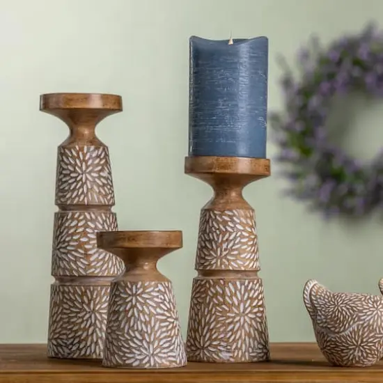 Etched Starburst Woodgrain Candle Holder Set {3}