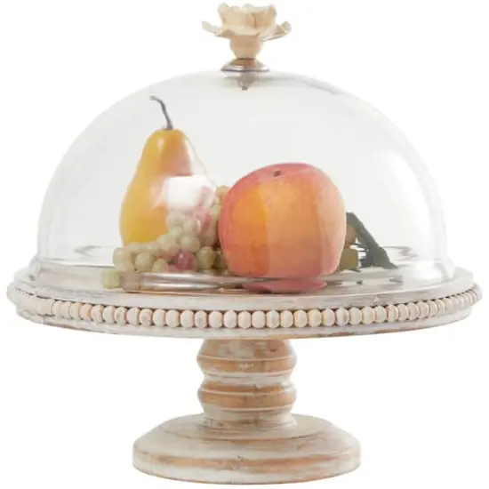 12.25" Cream Wood Cake Stand with Glass Dome Tabletop D&eacute;cor {2}