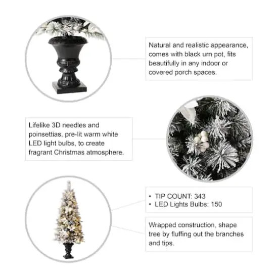 5ft. Pre-Lit Flocked Pine Artificial Christmas Tree in Planter Set, Warm White LED Lights {9}