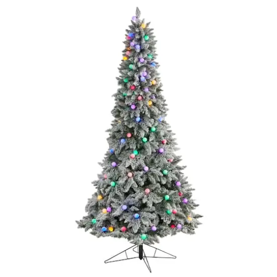 8.5ft. Pre-Lit Flocked British Columbia Mountain Fir Artificial Christmas Tree, Multicolor Globe Bulbs {1}