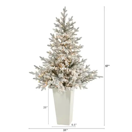 4.75ft. Pre-Lit Flocked Fraser Fir Artificial Christmas Tree in Tower Planter, Warm White Lights {5}
