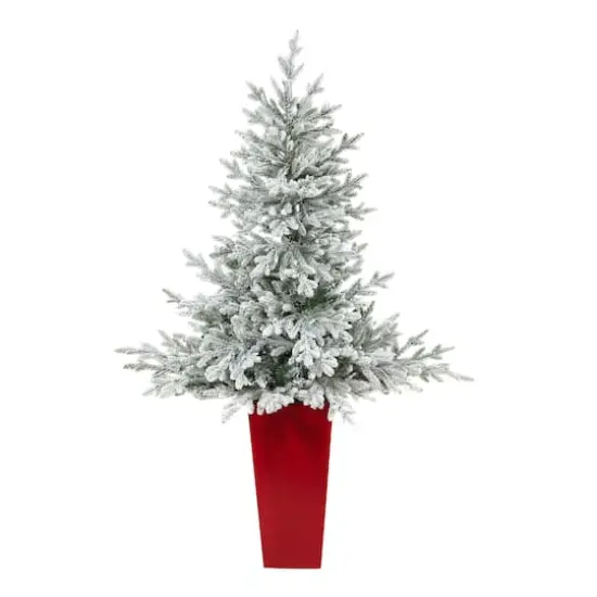4.75ft. Pre-Lit Flocked Fraser Fir Artificial Christmas Treein Tower Planter, Warm White Lights {4}