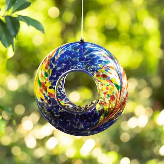 Glitzhome&reg; 7.75" Multicolor Glass Round Hanging Bird Feeder {3}