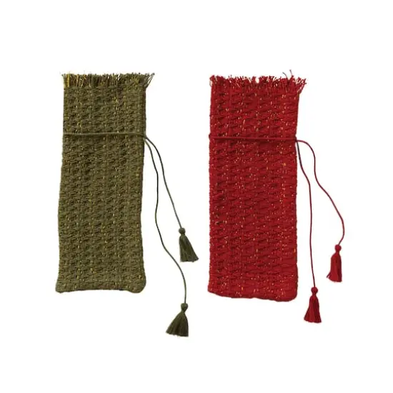 Hello Honey Green & Red Woven Cotton Wine Bag with Metallic Gold Thread & Tassels, 2ct. {1}