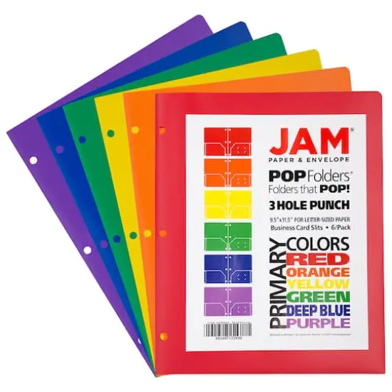 JAM Paper 9.5" x 11.5" Assorted Primary Colors Plastic 2 Pocket School POP Folders, 6ct. {3}