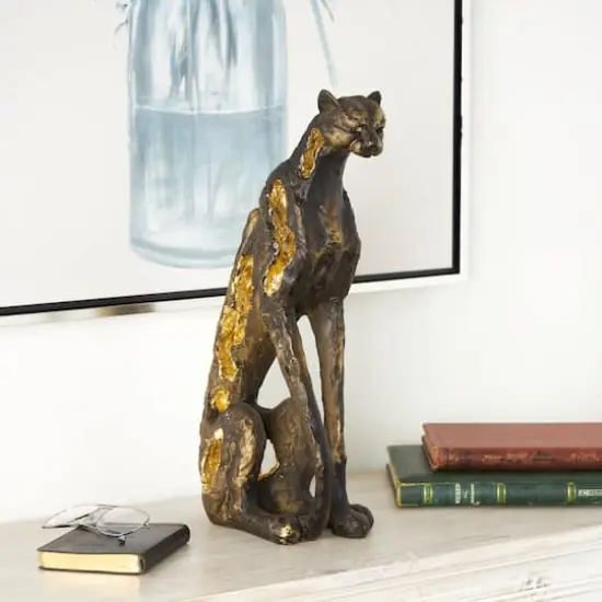 19" Bronze Polystone Distressed Textured Sitting Leopard Sculpture with Cutouts & Gold Accents {3}