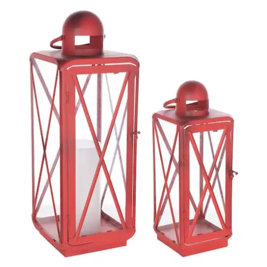 Red Traditional Curved Metal Lantern Set, 17" & 23" {1}