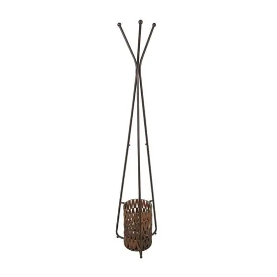 6ft. Brown Metal Geometric 3-Hanger Coat Rack with Basket {3}