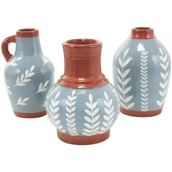 9" Blue Ceramic Floral Vase with Terracotta & White Detailing Set {1}