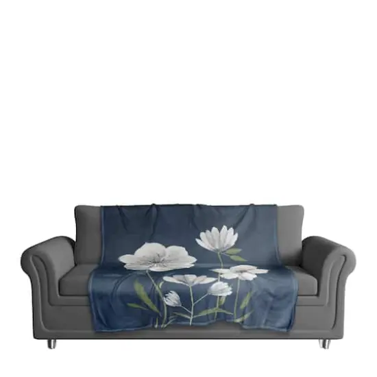 50" x 60" Bright White Flowers on Navy Coral Fleece Blanket {3}