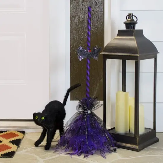 29" Purple & Black Striped Animated Witches Halloween Broom with Bat Accents {6}