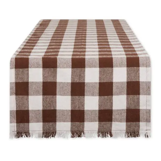 DII® 108" Heavyweight Check Fringed Table Runner Bark Brown {1}