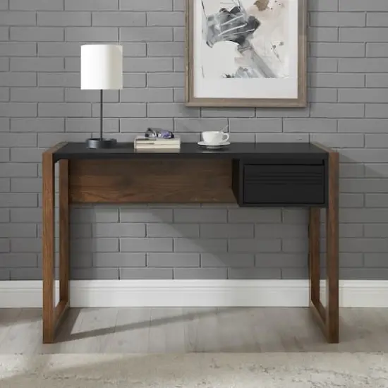 Walker Edison 46" Dark Walnut/Solid Black Fluted Drawer Writing Desk {6}
