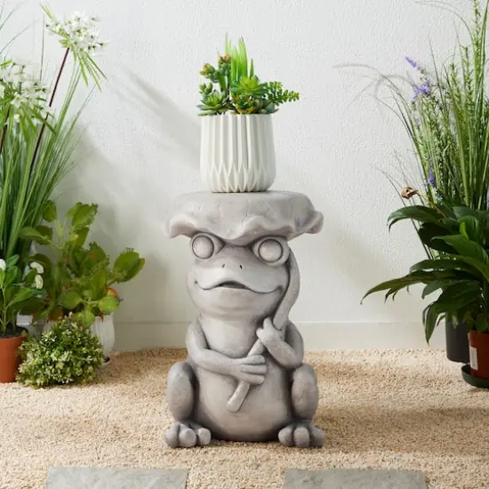 Glitzhome&reg; 19" Frog & Lotus Faux Concrete Garden Stool {3}