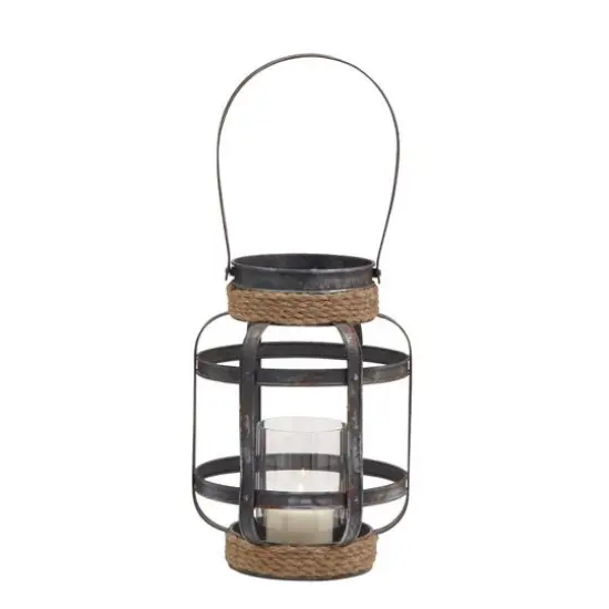 Grey Iron Industrial Candle Holder Lantern, 13" x 10" x 10" {1}